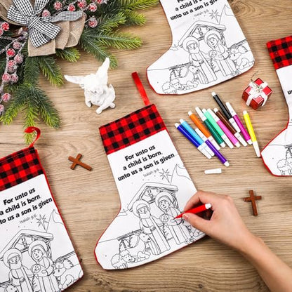 Religious Christmas Stockings DIY Craft Kit with Coloring Pens - 15 Pcs