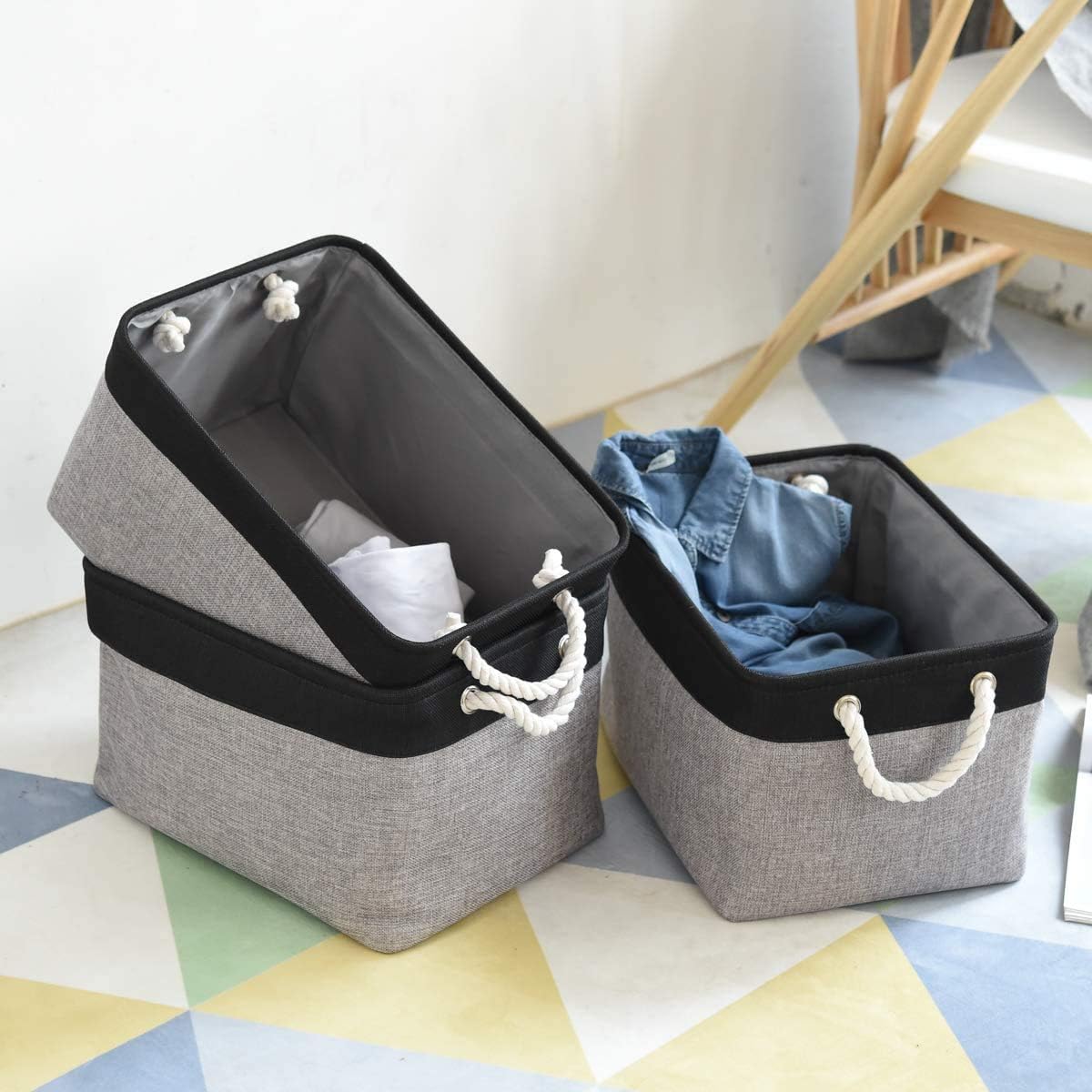 TheWarmHome Collapsible Storage Bins - Large 3-Pack Fabric Organizers for Toys & Gifts | 16x12x8 Inch (Black & Grey)