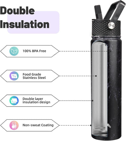 Skiennix Insulated Water Bottle - 24oz Stainless Steel Sport Bottle with 3 Lids | Marble Midnight