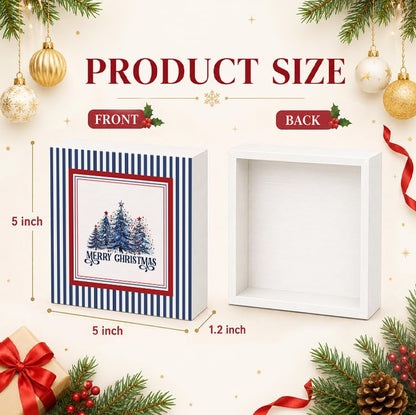 Red, Blue & White Christmas Tree Wooden Sign - 5x5 Inch Holiday Decor - Blue & Red Variation