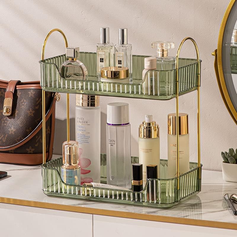Shuang Qing Bathroom Counter Organizer - 2-Tier Makeup & Skincare Shelf in Green | Vanity & Dresser Storage