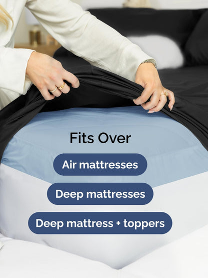 Skiennix Extra Deep King Sheet Set - 6 Piece Breathable Cooling Bedding - Soft, Wrinkle-Free Black