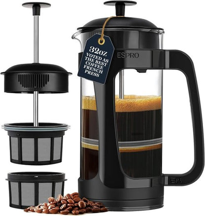 ESPRO P3 French Press Coffee Maker - Patented Double Micro-Filter for Grit-Free Brew | Black 32 oz