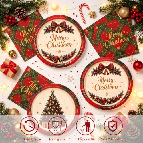 Christmas Tree & 100Pcs Buffalo Plaid Paper Plates and Napkins Set - Red & Green