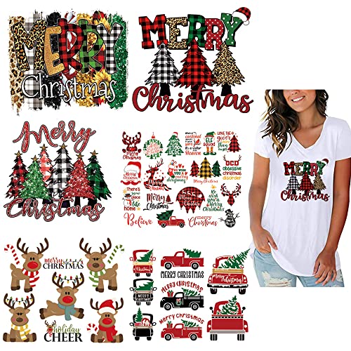 Christmas Heat Transfer Vinyl HTV Iron-On Sheets for T-Shirts - Buffalo Plaid Deer Santa Tree Design - 6 Sheets - Black Red Green - Variation of Christmas-6pcs