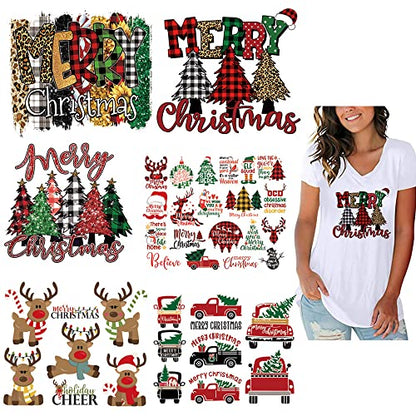 Christmas Heat Transfer Vinyl HTV Iron-On Sheets for T-Shirts - Buffalo Plaid Deer Santa Tree Design - 6 Sheets - Black Red Green - Variation of Christmas-6pcs