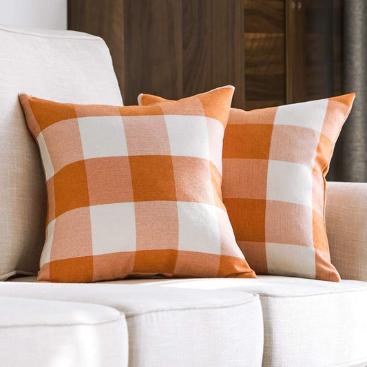 MIULEE Pack of 2 Fall Classic Retro Checkers Plaids Linen Soft Solid Orange and White Decorative Throw Pillow Covers Home Decor Cushion Case for Sofa Bedroom Car 24 x 24 Inch 60 x 60 Cm