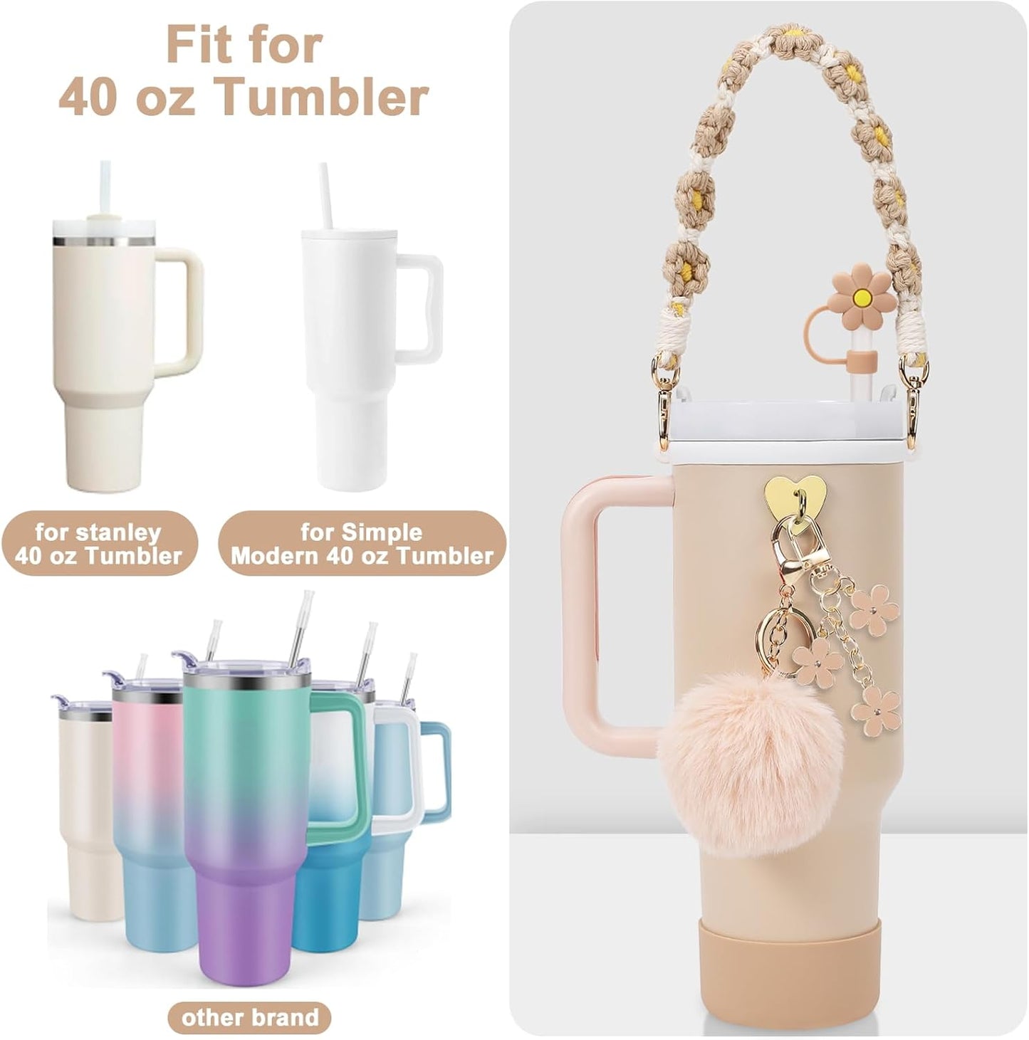 Stanley Cup Accessories Set - Water Bottle Handle Strap, Silicone Boot & Straw Cover for 40oz/30oz Tumbler