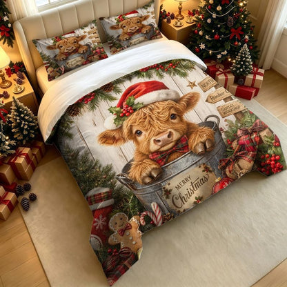 Queen Highland Cow Christmas Comforter Set Kids Bedding with Santa Hat & Holiday Design - 3 Piece