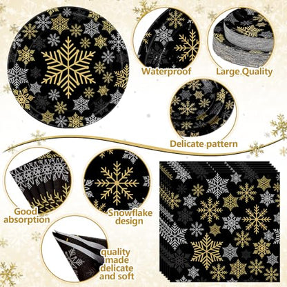 Funnymoom Black Gold Silver Snowflake Christmas Party Supplies - 452 Pcs, Snowflake Theme