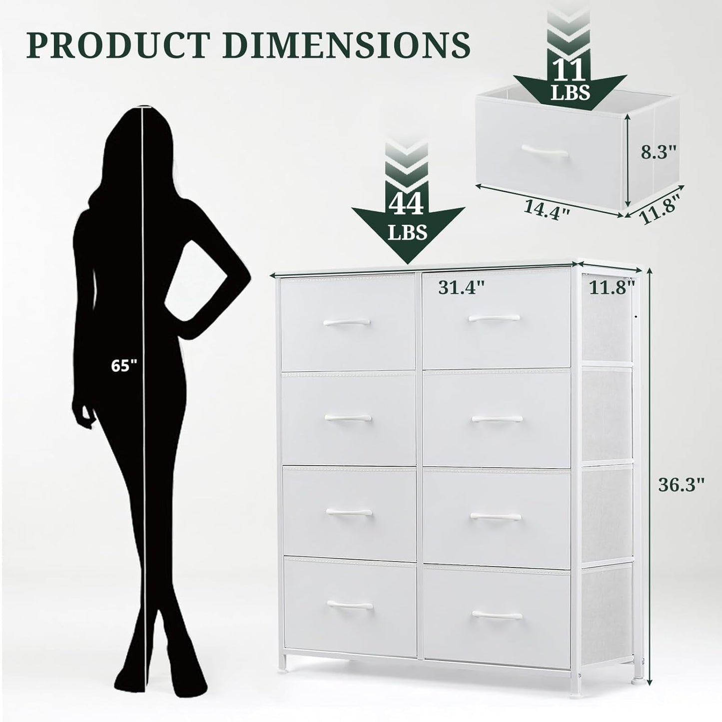 Regine Switzerland 8-Drawer Dresser - Anti-Tip Storage Organizer with Wooden Top & Metal Frame | White