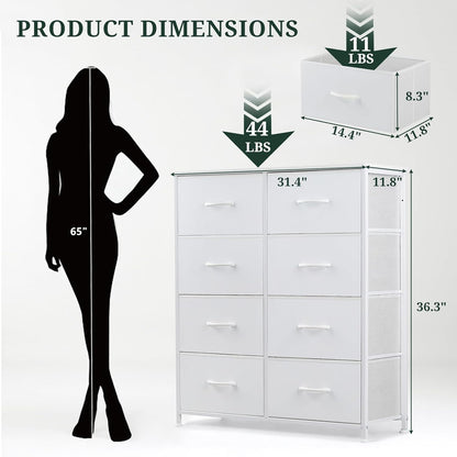 Regine Switzerland 8-Drawer Dresser - Anti-Tip Storage Organizer with Wooden Top & Metal Frame | White