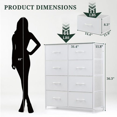 8-Drawer Dresser for Bedroom, Anti-Tip Tall Storage Organizer Chest of Drawers with Wooden Top and Metal Frame Fabric Bins for Closet, Living Room, Hallway, Entryway, White