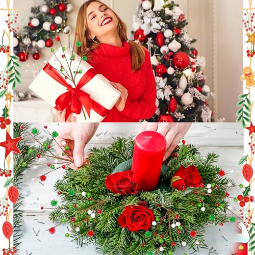 Artificial Berry Stems - 6 Pieces, 16 Inch Christmas Tree Picks, Red Green White, Holiday Decor