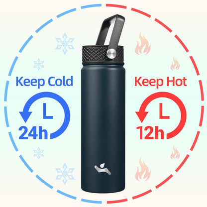 Skiennix 22oz Stainless Steel Water Bottle - Insulated with 3 Lids | Navy Blue