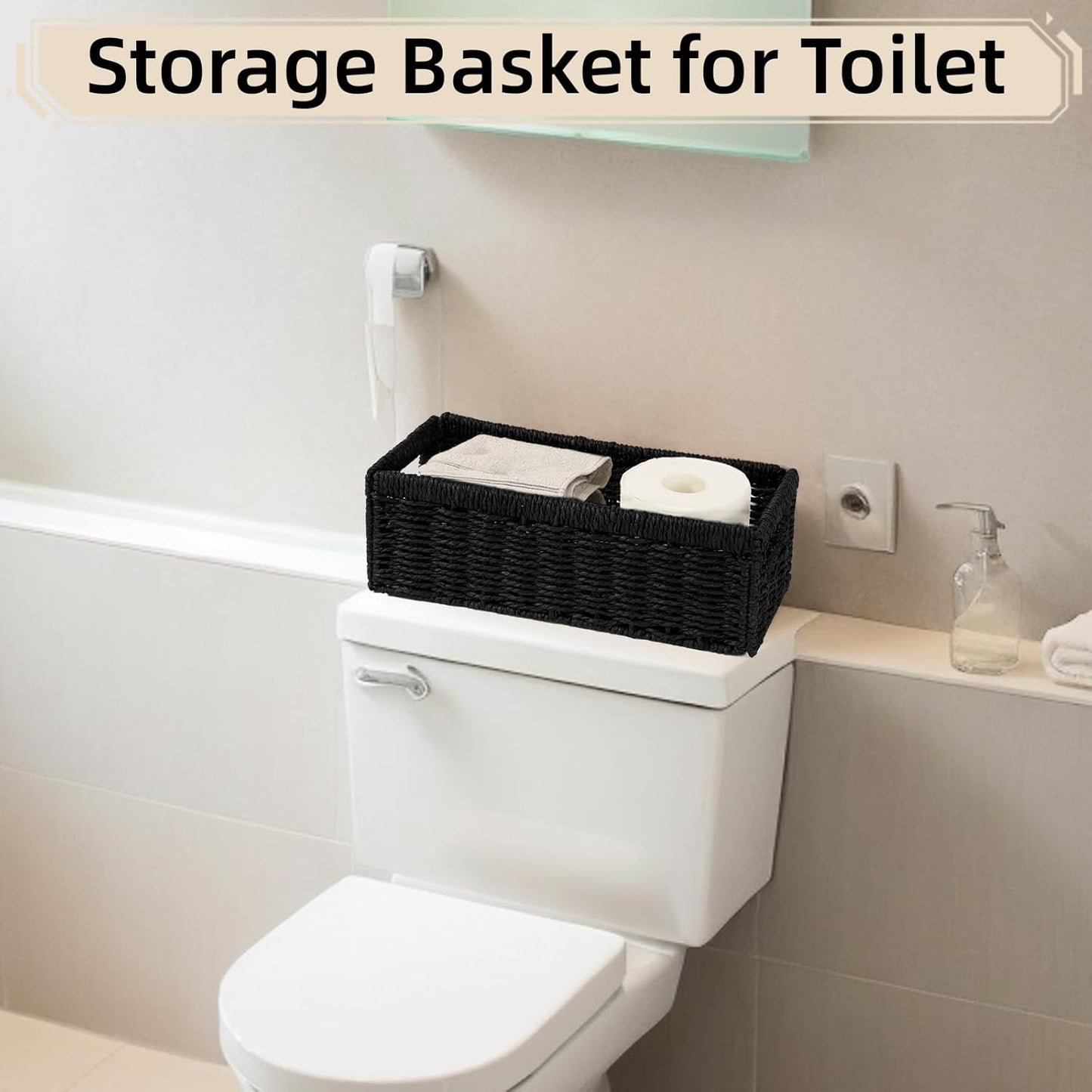Paper Rope Storage Basket - 2 Pack Foldable Wicker Bins with Handles | Large Decorative Organizers for Bathroom