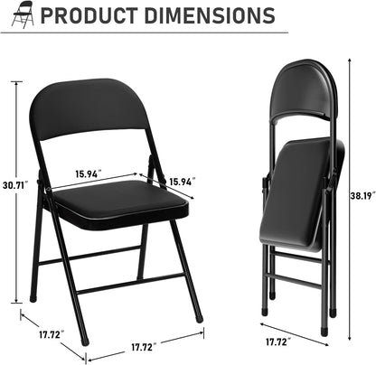 Black Folding Chairs - Heavy-Duty Steel Frame, 350LBS Capacity | 6-Pack for Indoor/Outdoor Events