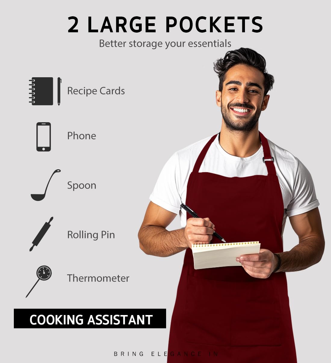 Syntus 2 Pack Adjustable Bib Apron Waterdrop Resistant with 2 Pockets Cooking Kitchen Aprons for BBQ Drawing, Women Men Chef, Dark Red