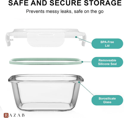 Razab Glass Food Storage Containers Set - 6 PC Airtight Kitchen Meal Prep Containers | 74, 40 & 18 oz
