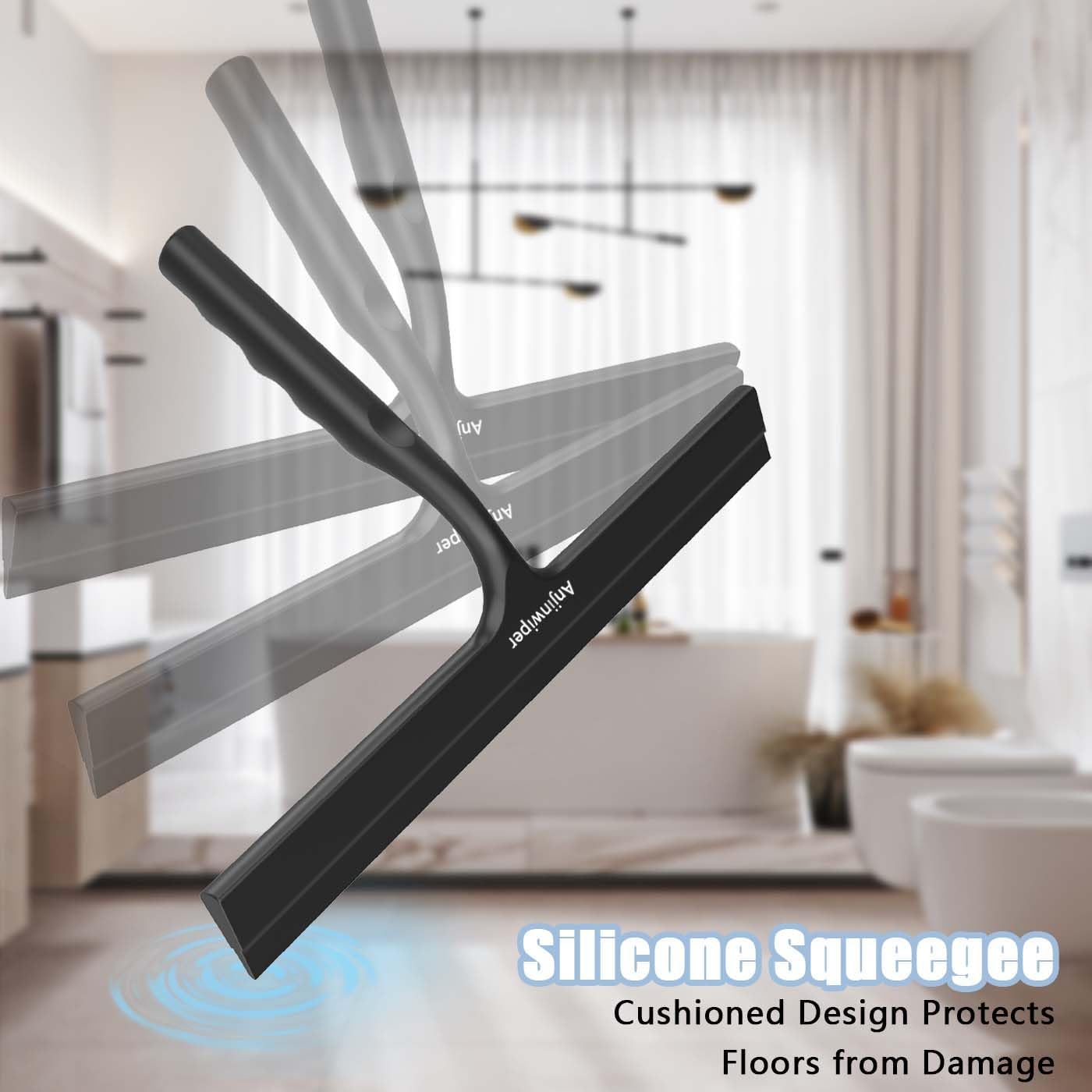 Skiennix Shower Squeegee - Silicone Window Cleaner Tool with Adhesive Hook | 10 Inch, Black