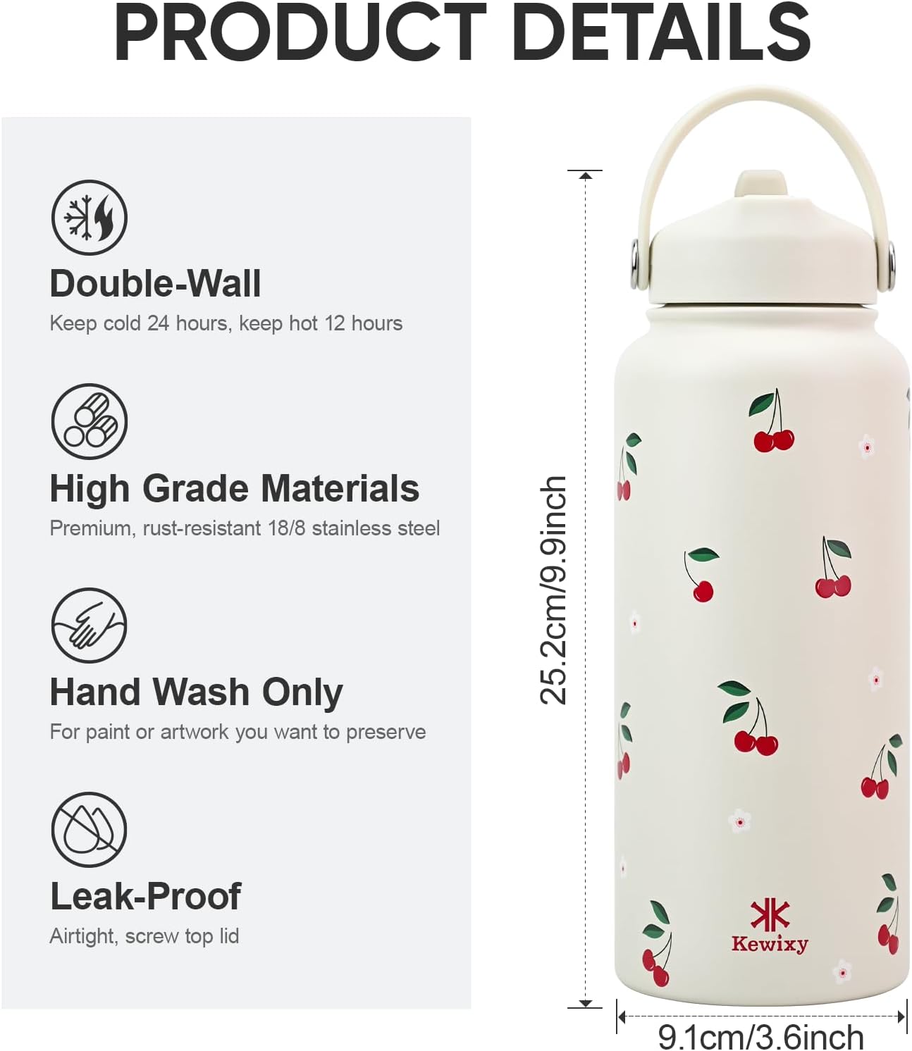 Skiennix 32 oz Insulated Water Bottle - Leak Proof Stainless Steel with Flip Straw & Handle | Cream Cherry