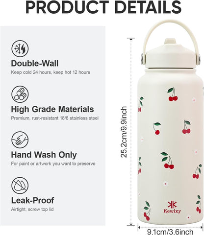 Skiennix 32 oz Insulated Water Bottle - Leak Proof Stainless Steel with Flip Straw & Handle | Cream Cherry