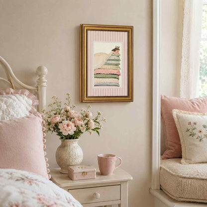 Princess and the Pea Gold Framed Wall Art Fairy Tale Bedroom Decor 12x16in
