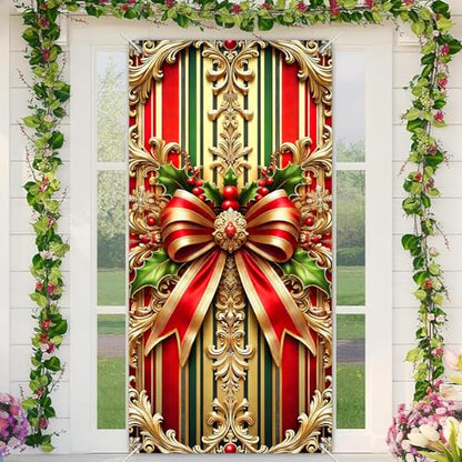 Christmas Door Cover Bow Red Gold 35x70 Inch Polyester Seasonal Decor