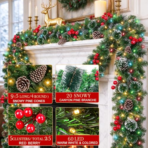 12 Ft Prelit Christmas Garland with Remote Control, 8 Modes & Timer, Warm White & Color Lights