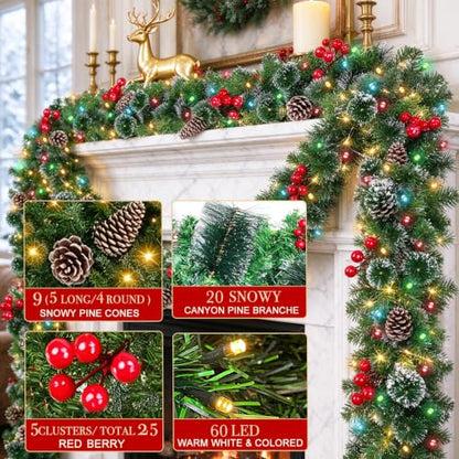 12 Ft Prelit Christmas Garland with Remote Control, 8 Modes & Timer, Warm White & Color Lights