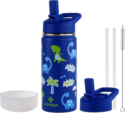 Skiennix 16 oz Stainless Steel Kids Water Bottle - Leak Proof Thermal Flask with Straw Lid | Cute Blue Dino Design for School
