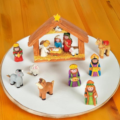 Fun Express Mini Christmas Nativity Set - 9-Piece Stable with Jesus, Mary, Joseph & Wisemen | Red, Blue, Green, Beige, Brown