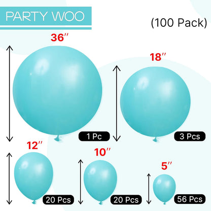PartyWoo Teal Balloons - 100 Pcs Assorted Sizes (5" to 36") for Stunning Balloon Garlands & Arches