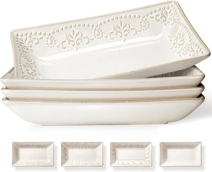 Artena Ceramic Rectangle Plates Set of 4 - Deep Lipped Edges for Appetizers & Desserts | Microwave & Oven Safe