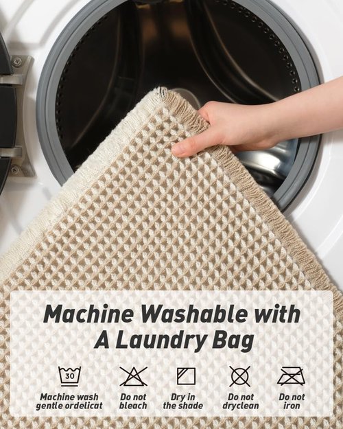 AMOAMI Upgraded Waffle Bath Mat, Super Absorbent Non Slip Bath Mats for Bathroom Floor, Machine Washable Bathroom Rugs with Tassels, Rubber Backed Bathroom Mats, Ultra Soft, 18" x 30",Brown & Cream