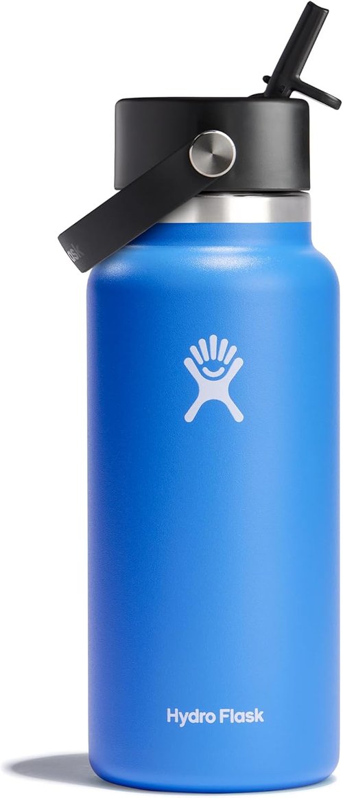 Hydro Flask Water Bottle - Insulated Stainless Steel - 32 Oz Cascade Blue with Wide Straw Lid & Leakproof Design