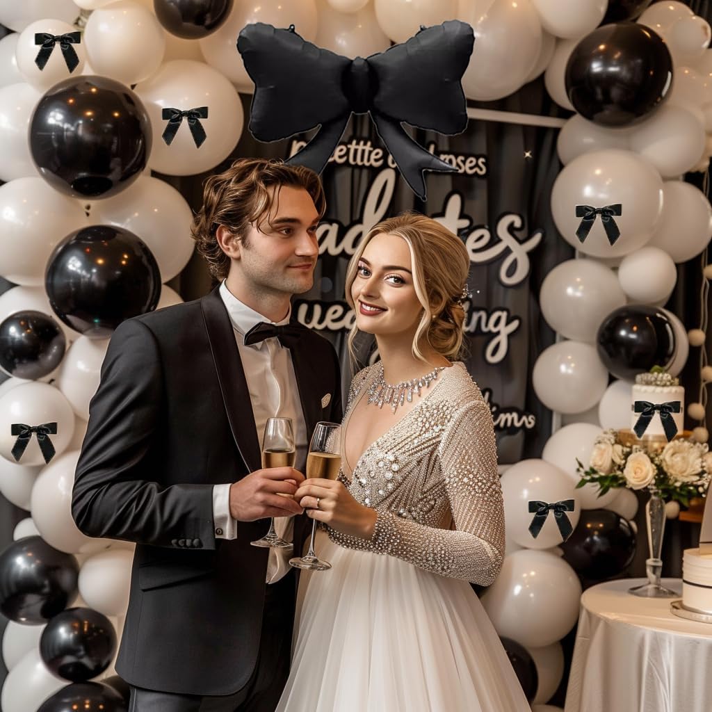 Black Bow Birthday Party Decorations - 122pcs Double Stuffed Pearl & Foil Balloons for Girls' Celebrations