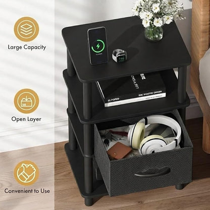 Nightstand with Charging Station - Black, 15.8 W x 11.8 D x 24.4 H (Variation: Black+Charging Station)