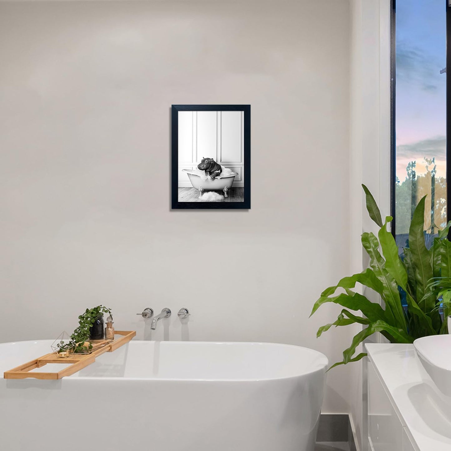 Skiennix Framed Bathroom Decor - Cute Black and White Hippo in Bathtub Canvas Print | Wall Art for Home