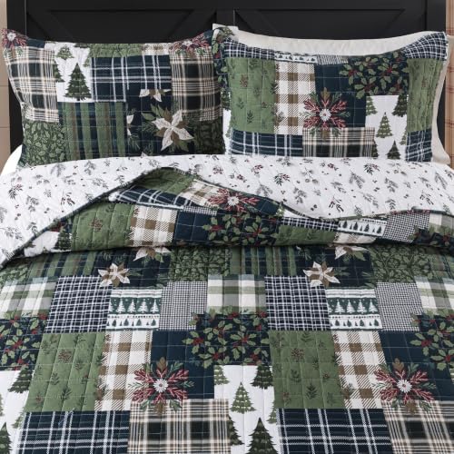 WDCOZY Reversible Christmas Cotton Quilt Queen Size - Green, 90x96 Inches