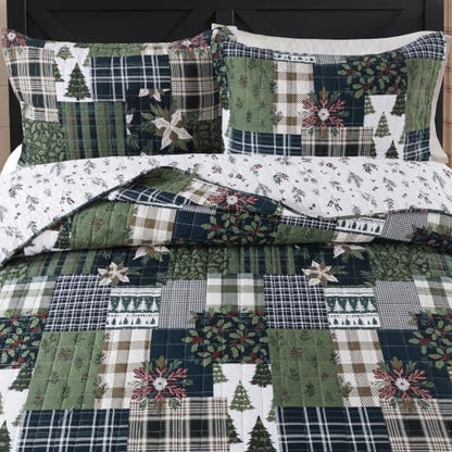 WDCOZY Reversible Christmas Cotton Quilt Queen Size - Green, 90x96 Inches