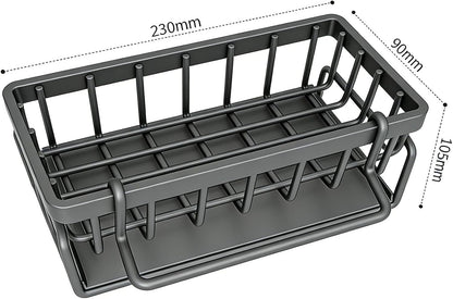 Skiennix Self-Draining Kitchen Sink Caddy - Non-Slip Metal Sponge Holder with Detachable Cloth, Black
