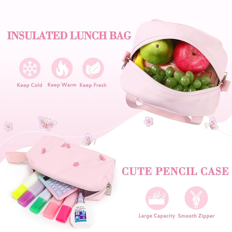 Embroidered 3Pcs Girls Backpack Set with Lunch Bag - Pink Bow Variation