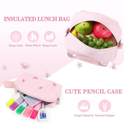 Embroidered 3Pcs Girls Backpack Set with Lunch Bag - Pink Bow Variation