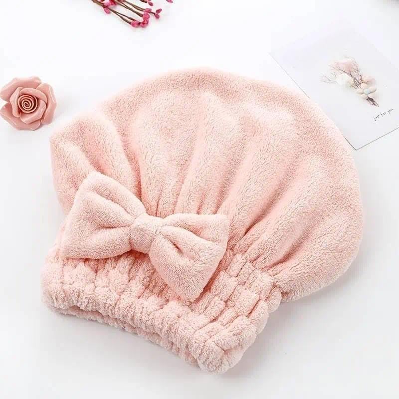 Women's 4-Piece Bow Decor Shower Cap and Hair Towel Wrap Set - Reusable Ultra-Absorbent Coral Fleece, Travel-Friendly Self Care