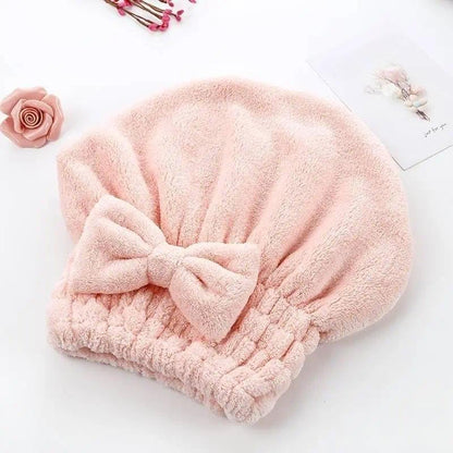 Women's 4-Piece Bow Decor Shower Cap and Hair Towel Wrap Set - Reusable Ultra-Absorbent Coral Fleece, Travel-Friendly Self Care