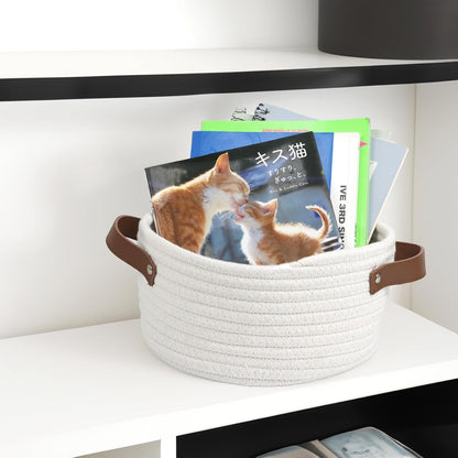 Skiennix Small Woven Basket - Cute Mini Cotton Rope Storage Bin with Leather Handle | Boho Nursery Organizer