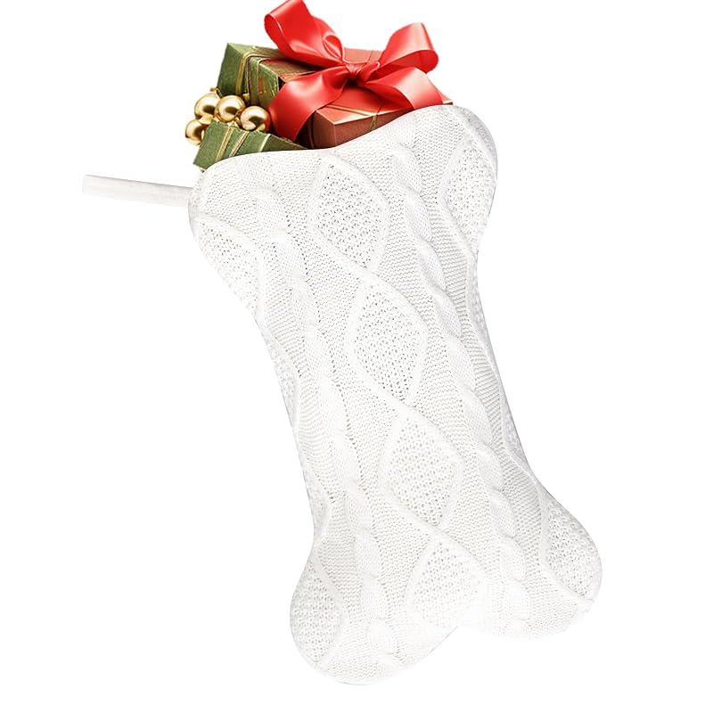 White Bone-Shaped Knitted Dog Christmas Stocking - Large 16.5" x 9.4"