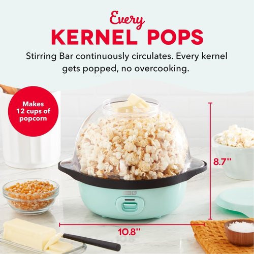 Dash SmartStore Popcorn Maker - Electric Stirring Popper with Butter Tray & Clear Bowl - 12 Cups, Aqua
