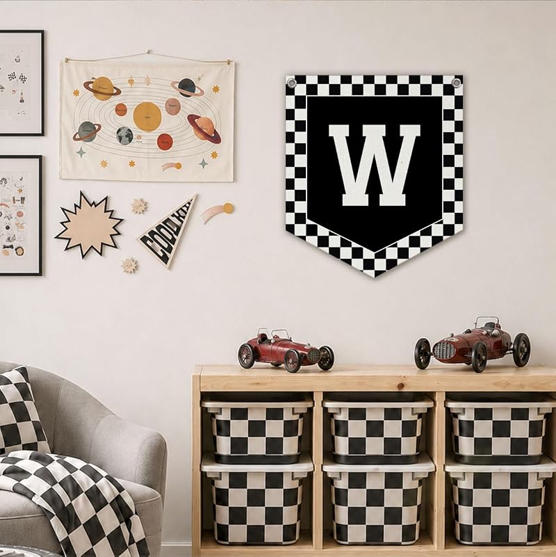 Racing Checkered Initial Pennant Flag - Personalized Name Gift for Boy Bedrooms (Variation room-W)